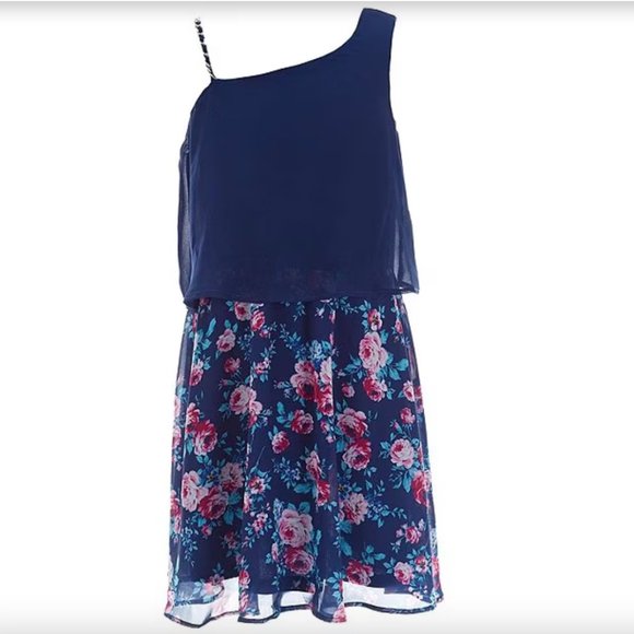 NWT I.N. Girl Chain-Strap Solid/Floral Popover Dress, blue, size 7 - Picture 1 of 13